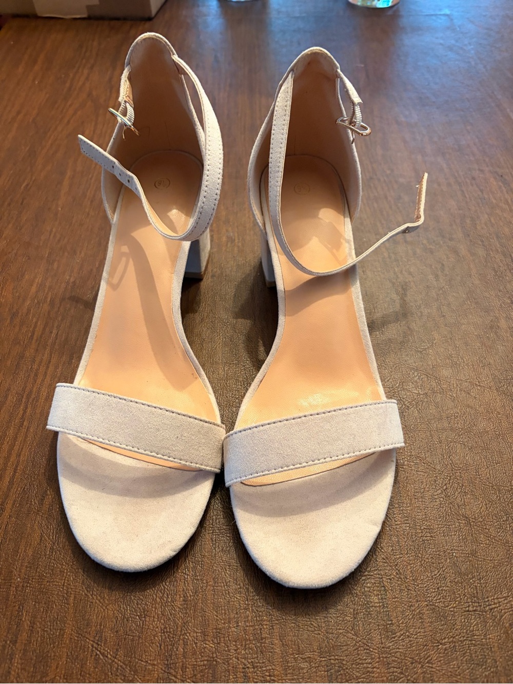 Ankle-Strap Block Heel Sandals in Light Beige